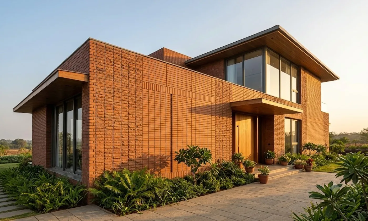 Modern home exterior featuring brick wall cladding and contemporary architectural design