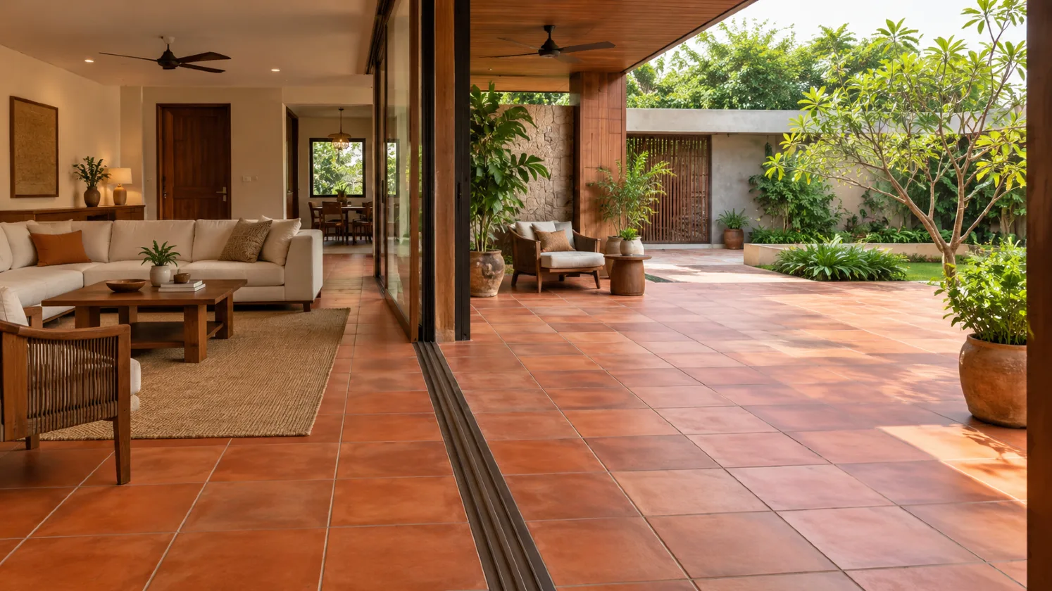 Modern Indian home with terracotta flooring tiles used in indoor living spaces, veranda and outdoor courtyard.