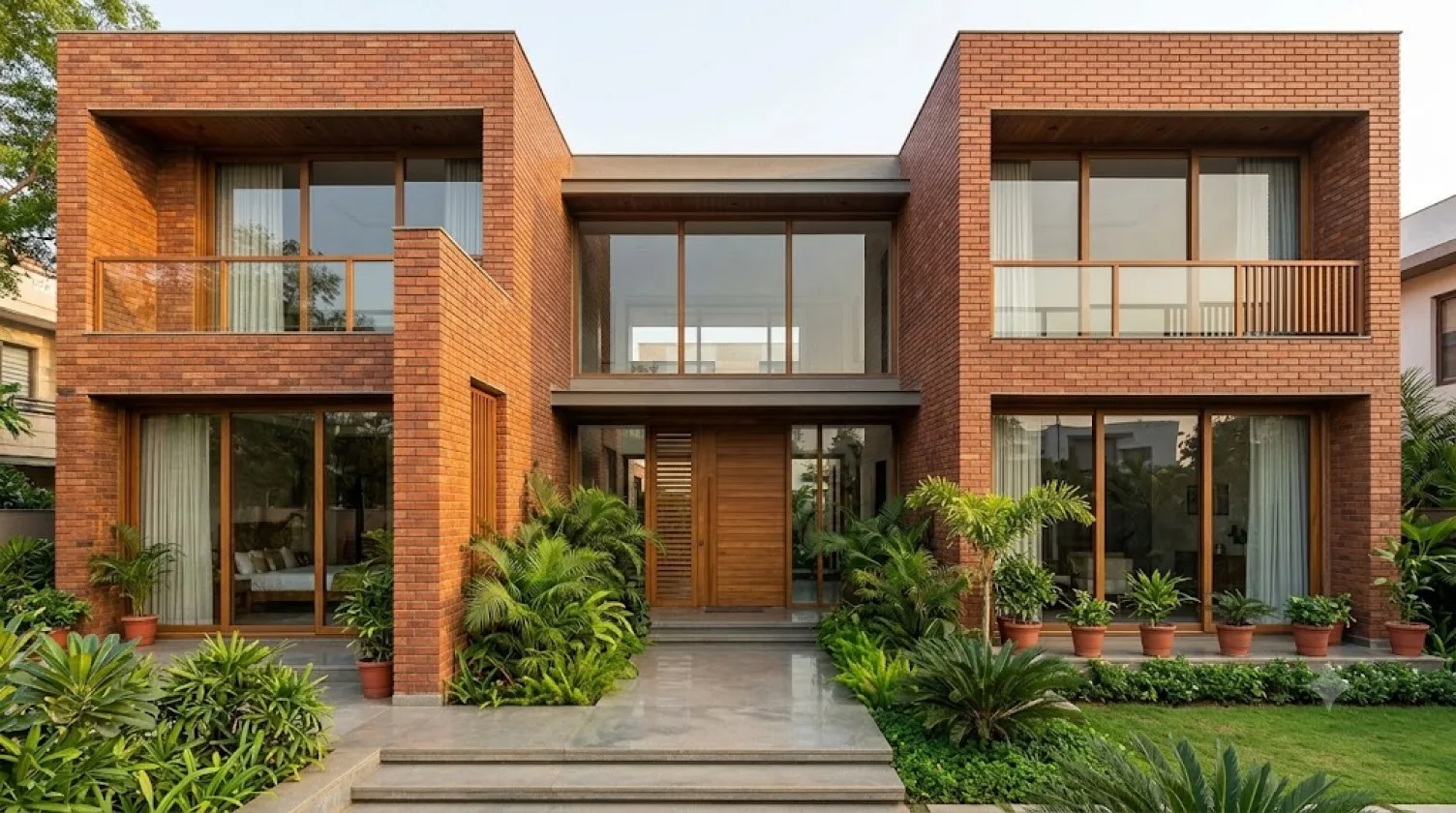 Modern Indian home featuring warm terracotta brick walls, glass windows, wooden accents, and landscaped greenery.