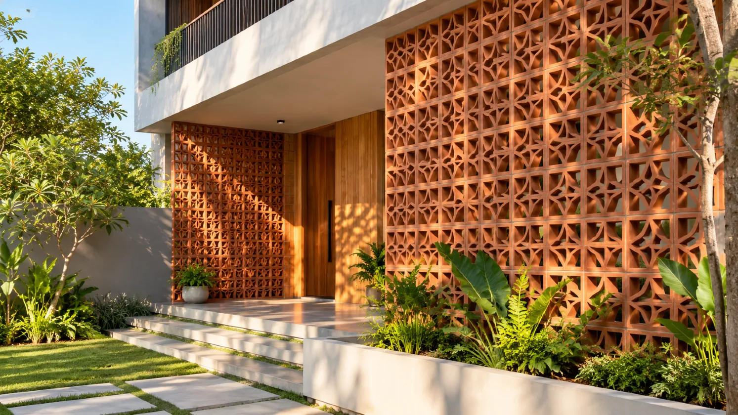 Modern Indian home featuring an elegant terracotta jali brick wall design with geometric patterns, natural sunlight and greenery.
