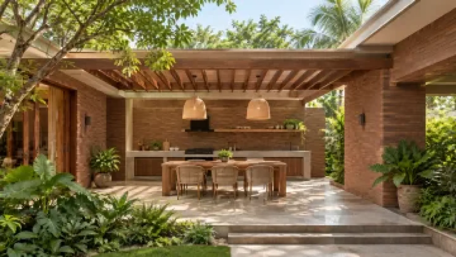 Modern exterior brick design for a contemporary home villa with textured brick walls and landscaped outdoor space