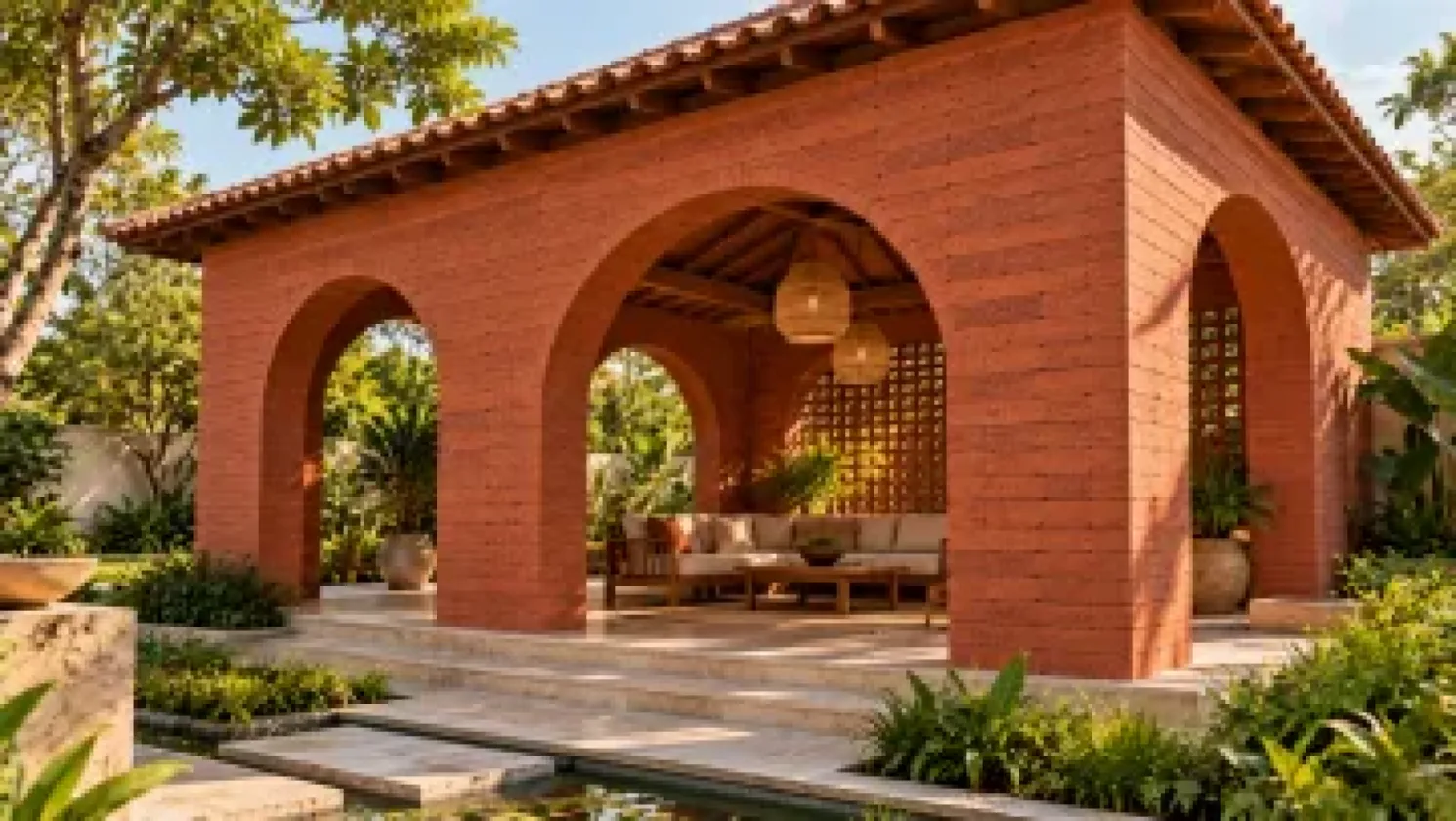 Modern wall cladding design featuring textured brick cladding on a contemporary Indian home exterior with landscaped surroundings