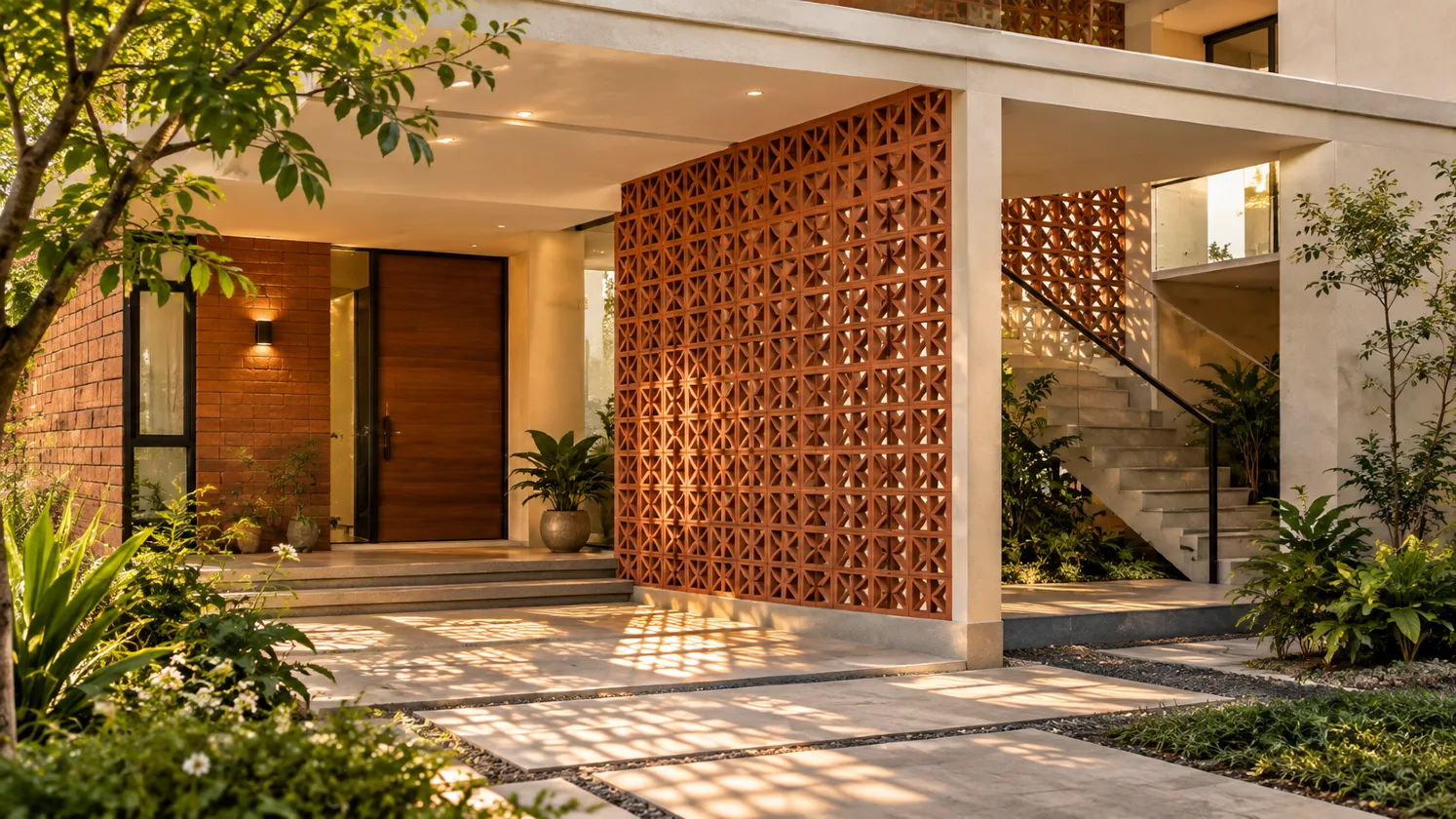 Unique jali wall design in terracotta for a modern Indian home facade