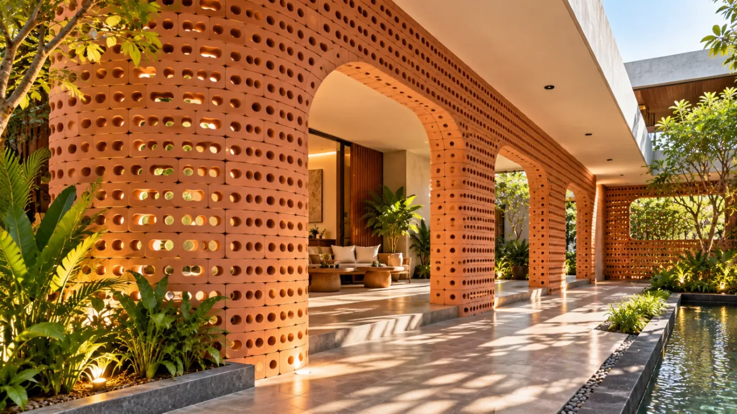 Eco friendly building materials used in a modern Indian home exterior