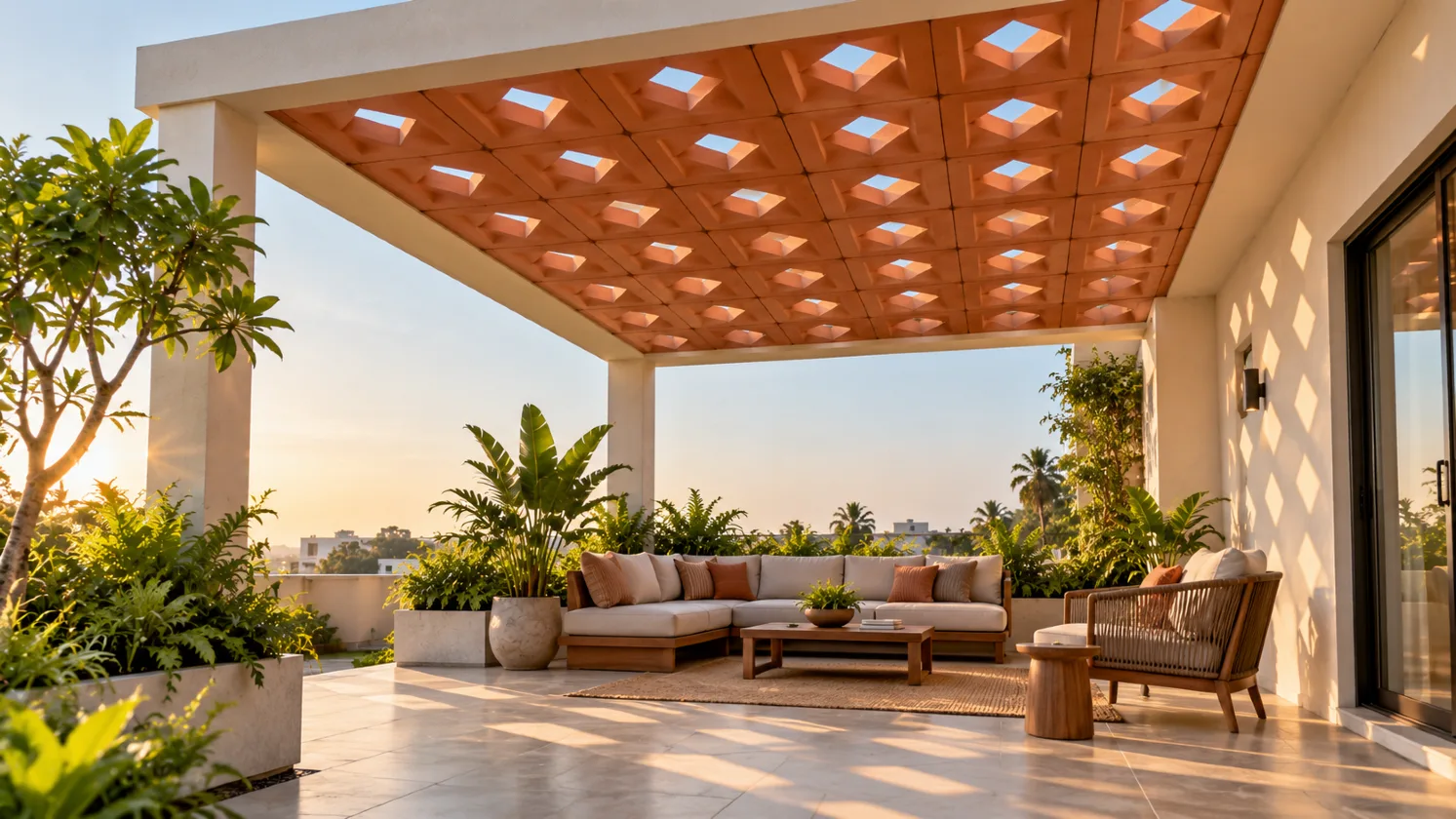 Decorative jali design in a modern contemporary home facade with geometric patterns and natural light