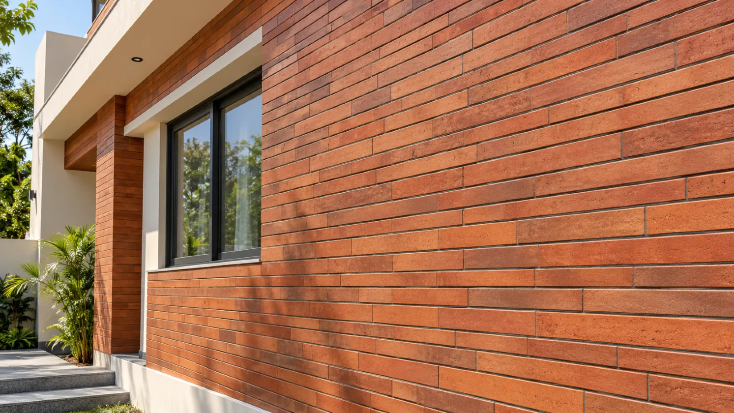 Long format brick cladding on a modern building exterior in Chennai with contemporary architectural finishes.