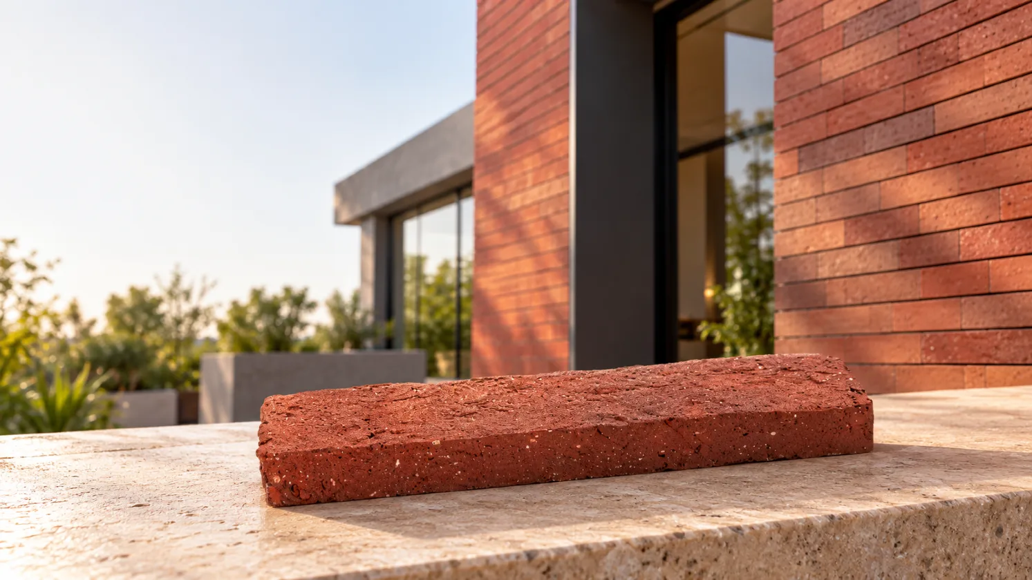 Brick cladding on a modern building exterior in Bangalore, India, featuring natural terracotta tones and contemporary architectural design.
